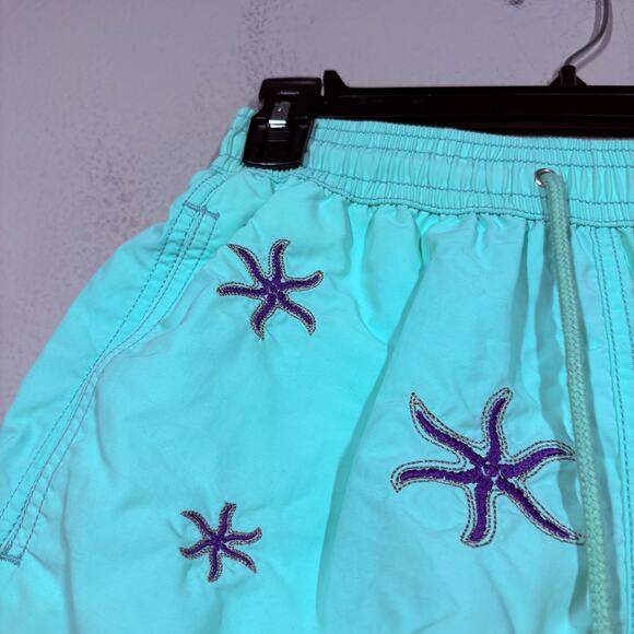Les Canebiers Mens Small Allover Star Starfish Court Swim Shorts Mint Drawstring - Picture 4 of 8